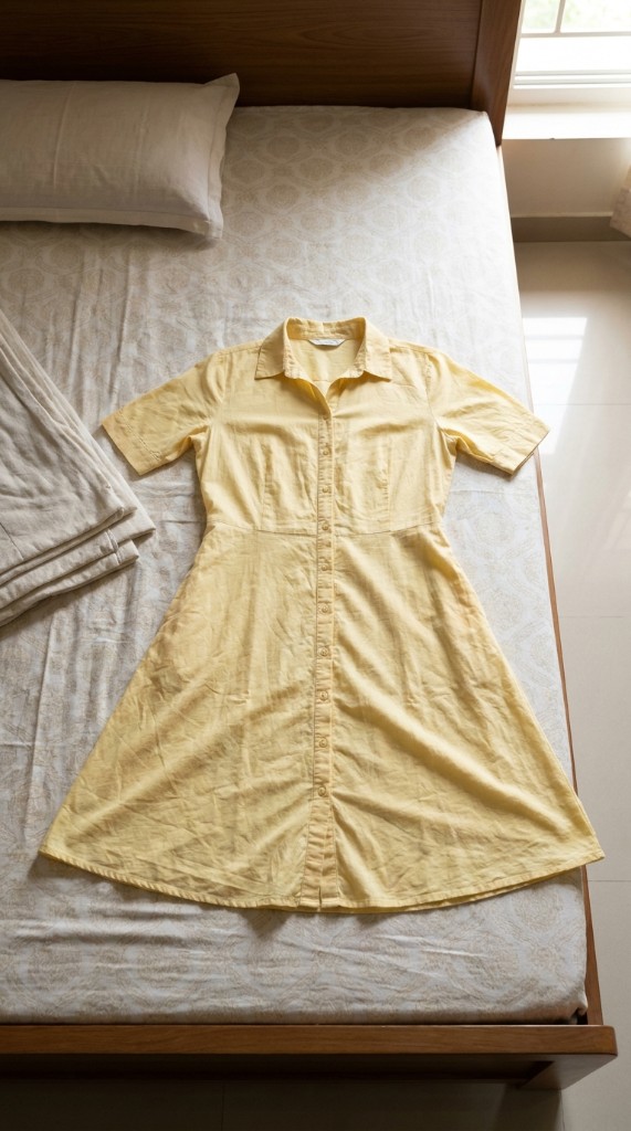 Yellow button-down dress on bed
