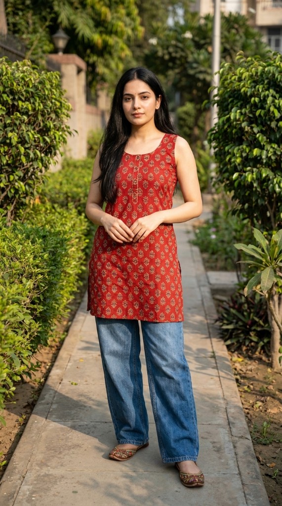 Red kurti with jeans